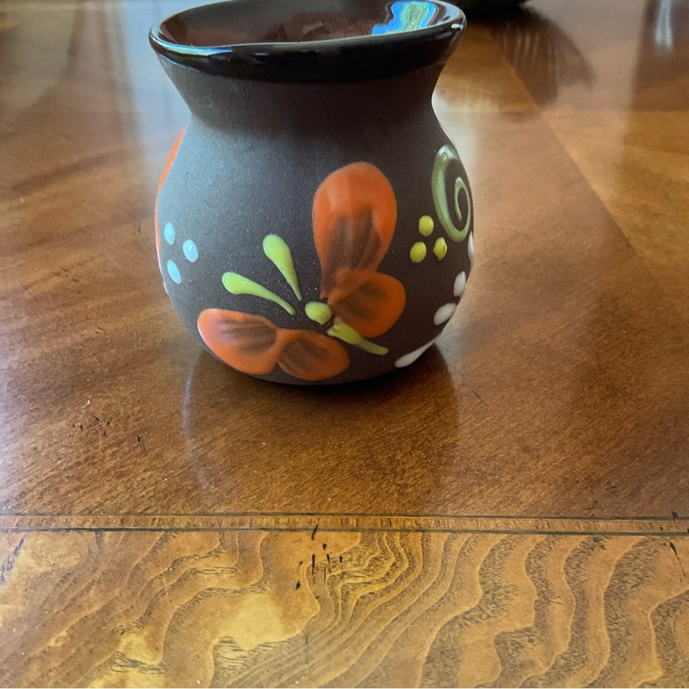 Mexican Pottery Small Pitcher Hand Painted, floral and butterflies, 4” NEW - Picture 4 of 11